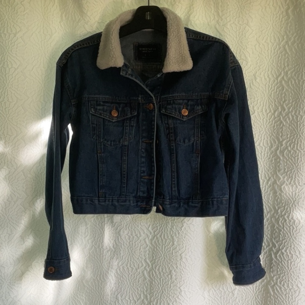Streetwear Society Dark Blue Jean Jacket with Sherpa Collar